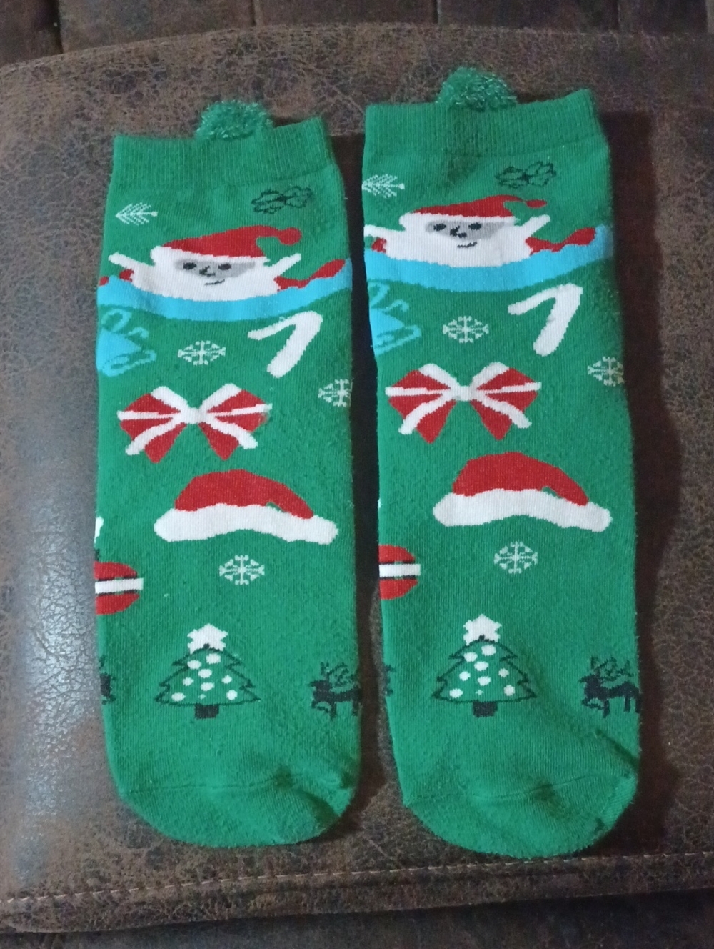 $4 Add-on Green Christmas Socks with Santa & Holiday Motifs